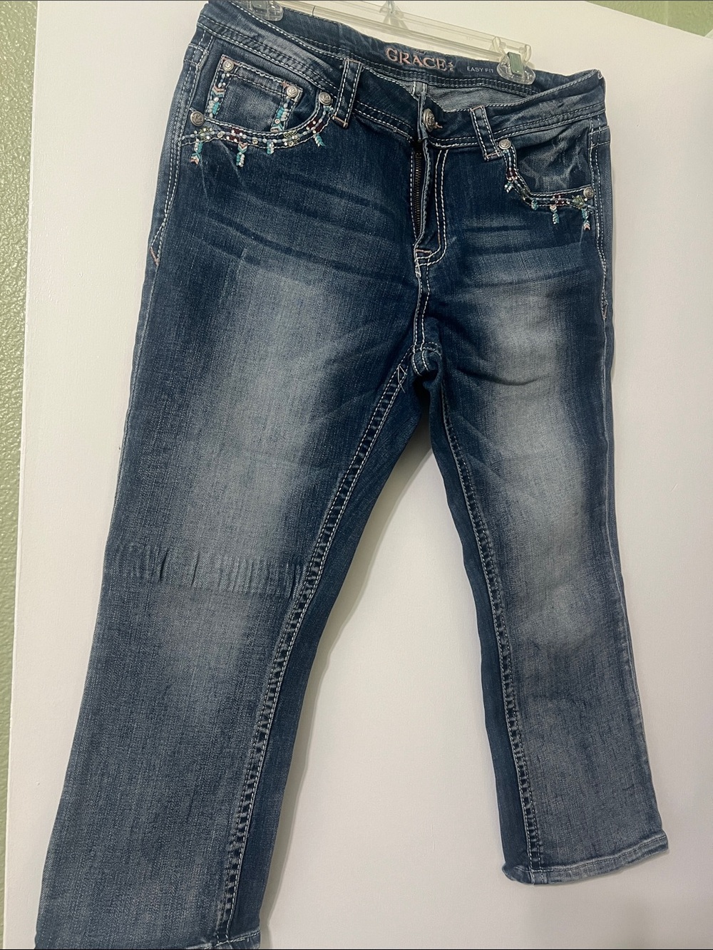 Grace in LA Dark Blue Washed cropped Jeans with Jeweled Pocket Accents